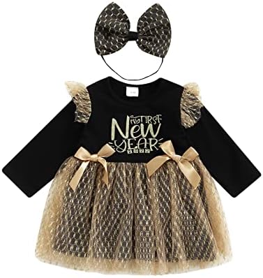 Bebek Bebek Kız Mutlu Yeni Yıl 2022 Kıyafet Mektup Nokta Baskı Uzun Kollu Tül Patchwork Prenses Elbise + Kafa Bandı