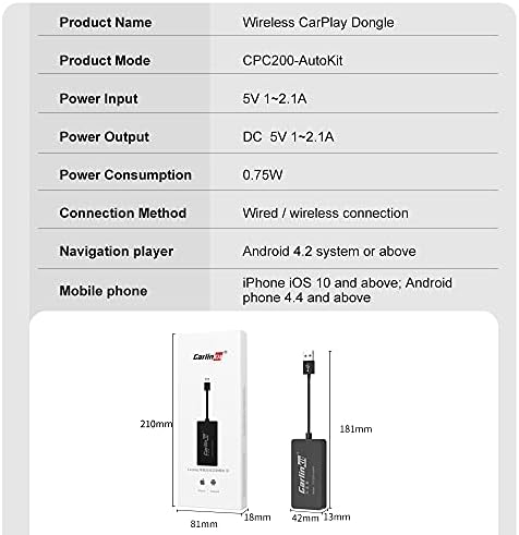 Vihecle Android Kafa Ünitesi Sistemi Sürüm 4.4.2 veya Üstü ile Uyumlu Mikrofonlu Kablosuz Carplay USB dongle, Carlinkit Kablolu