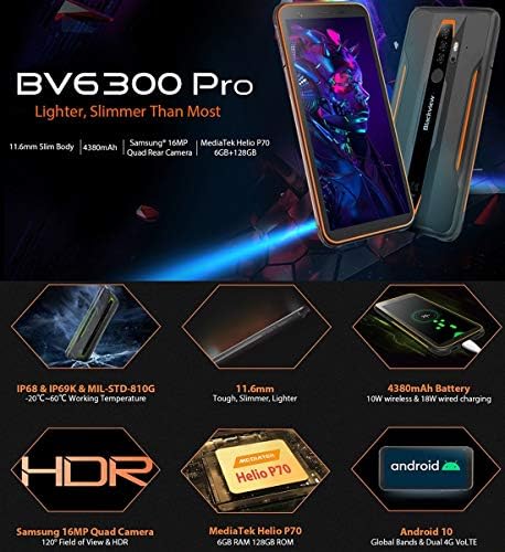 Blackview BV6300 Pro Sağlam Unlocked Cep Telefonları 6 GB+128 GB IP68/IP69K / MIL-STD-810G 4380 mAh Parmak Izi Tanımlama 5.7