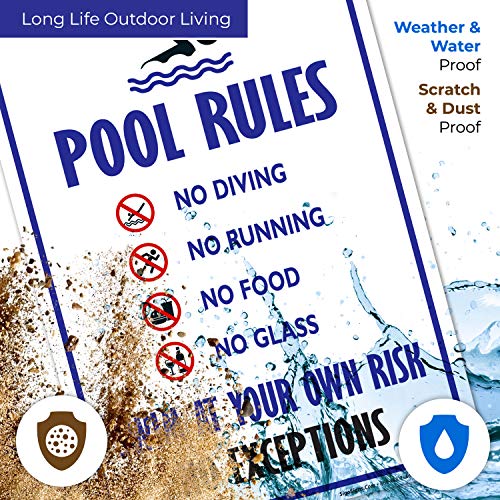 Havuz Kuralları İşareti, Dalış Yok Koşu Yok Yiyecek Yok Cam Yok, 10x14 Paslanmaz Alüminyum, Hava Koşullarına/Solmaya Karşı